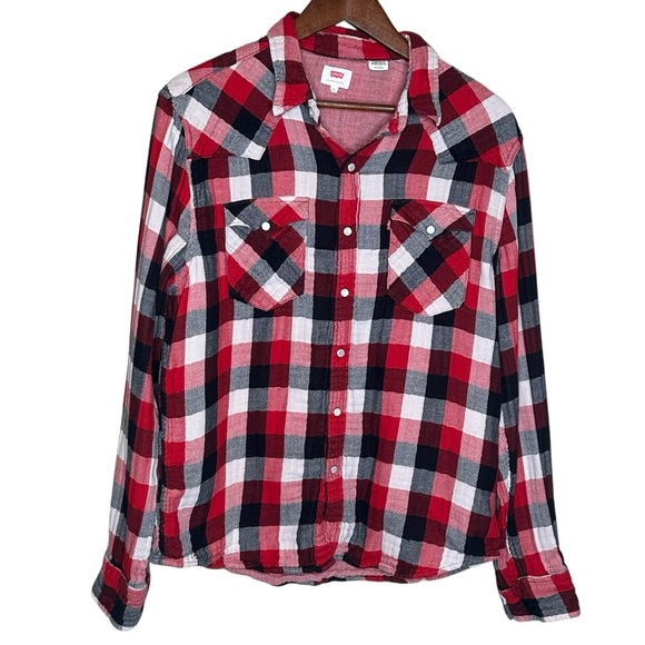 Levis Mens Button Down Shirt XL Red Black White Plaid Collared Long Sleeve - Picture 1 of 13
